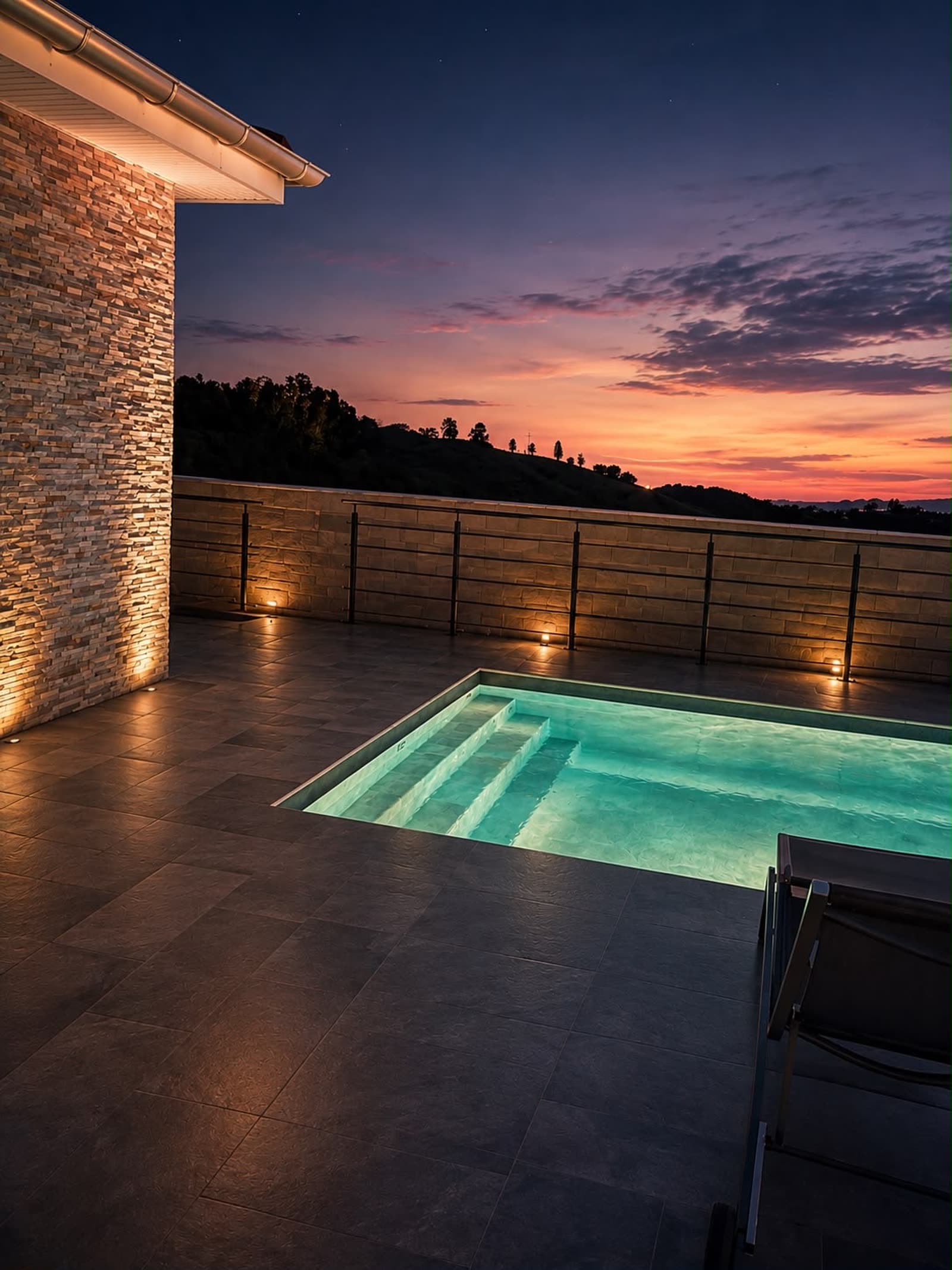 Escalier pleine largeur du bassin en liner armé Bali illuminé à la nuit tombée, coucher de soleil sur les collines